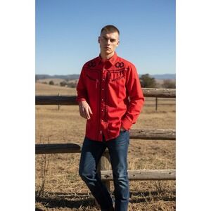 Ace Of Diamond Western Shirt Men's M Embroidered Pearl‎ Snap Shirt Red EUC